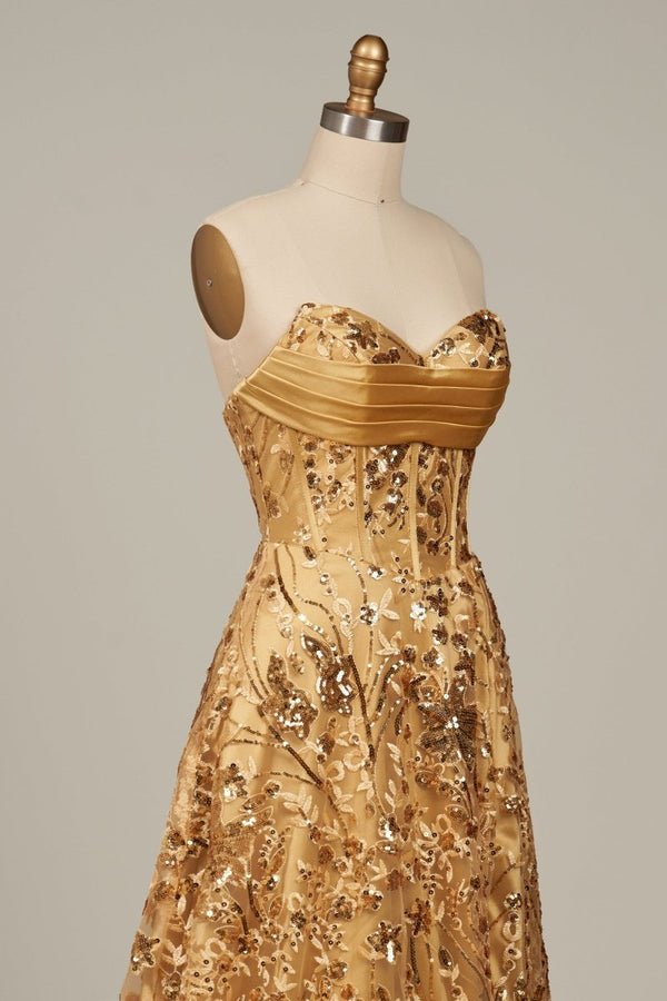 Gold Sweetheart A Line Sequined Lace Formal Prom Dresses With Slit - KissProm