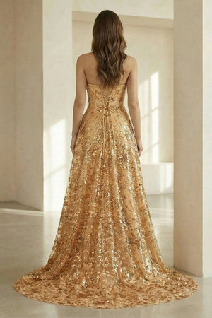 Gold Sweetheart A Line Sequined Lace Formal Prom Dresses With Slit - KissProm