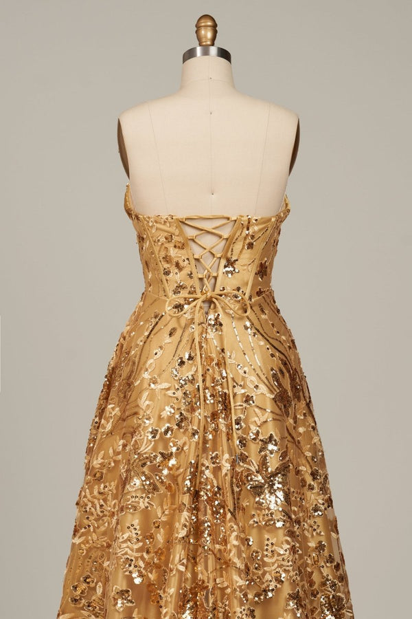 Gold Sweetheart A Line Sequined Lace Formal Prom Dresses With Slit - KissProm