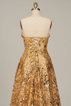 Coralyth | Gold - Strapless A Line Sequined Lace Formal Prom Dresses With Slit - KissProm