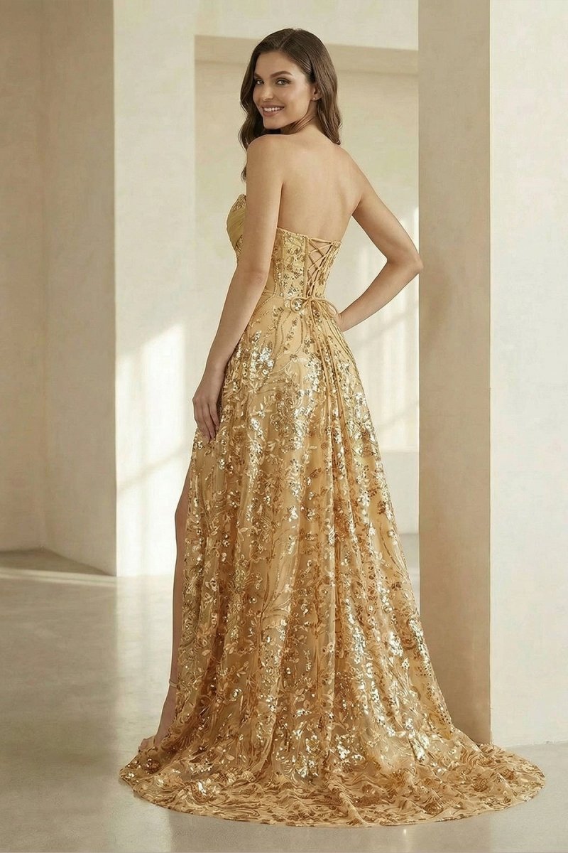 Coralyth | Gold - Strapless A Line Sequined Lace Formal Prom Dresses With Slit - KissProm