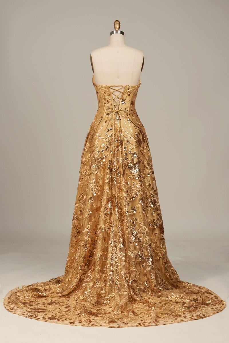 Gold Sweetheart A Line Sequined Lace Formal Prom Dresses With Slit Gold / 16 Gold Sweetheart A Line Sequined Lace Formal Prom Dresses With Slit Gold / 16