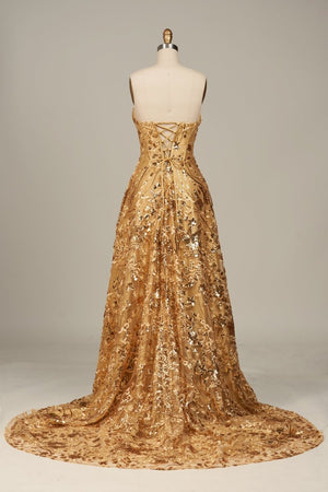 Gold Sweetheart A Line Sequined Lace Formal Prom Dresses With Slit - KissProm