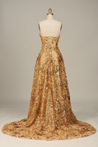 Coralyth | Gold - Strapless A Line Sequined Lace Formal Prom Dresses With Slit - KissProm