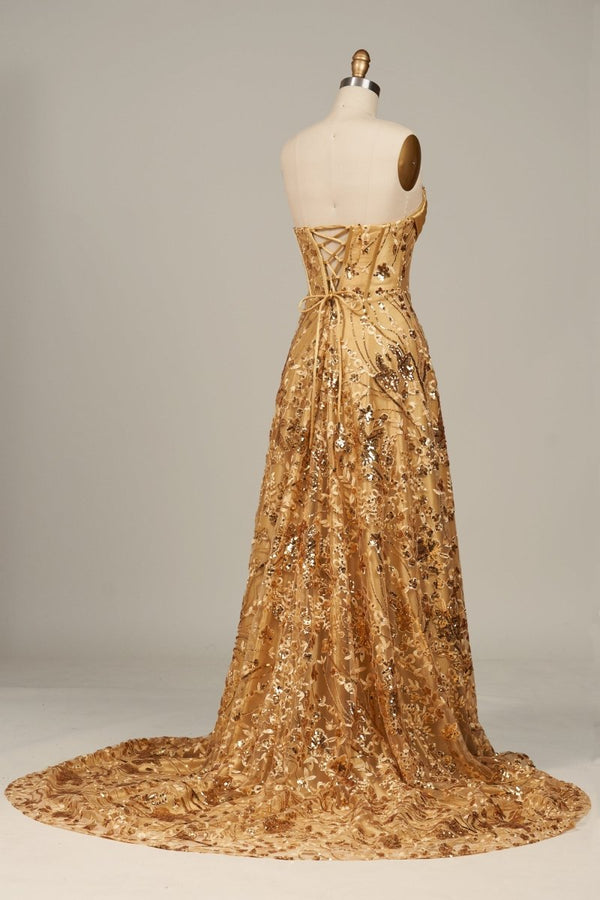 Gold Sweetheart A Line Sequined Lace Formal Prom Dresses With Slit - KissProm
