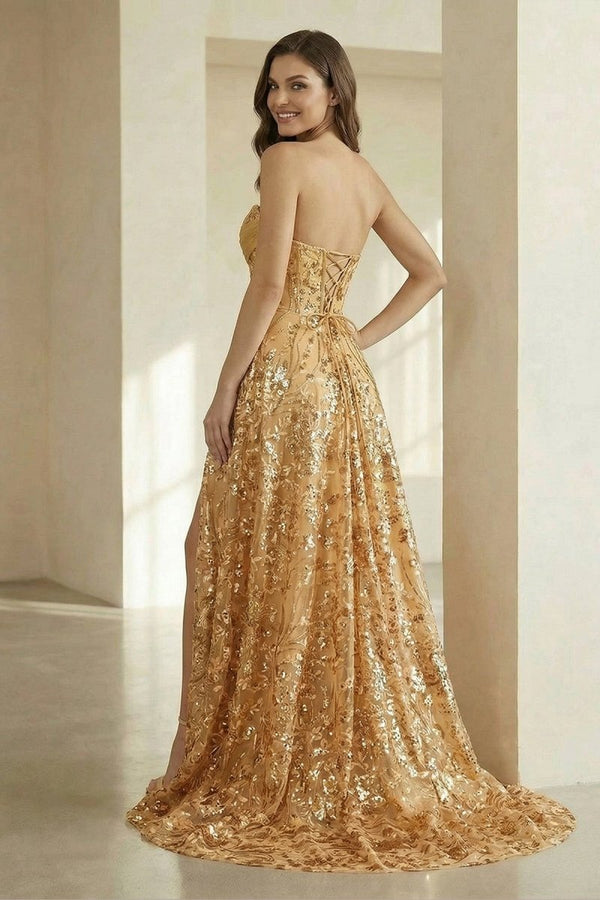 Gold Sweetheart A Line Sequined Lace Formal Prom Dresses With Slit - KissProm