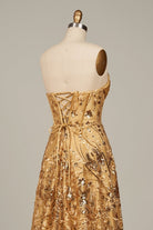 Coralyth | Gold - Strapless A Line Sequined Lace Formal Prom Dresses With Slit - KissProm