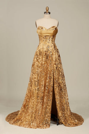 Gold Sweetheart A Line Sequined Lace Formal Prom Dresses With Slit - KissProm