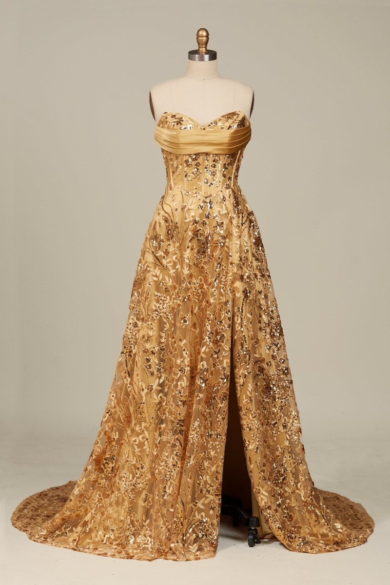 Coralyth | Gold - Strapless A Line Sequined Lace Formal Prom Dresses With Slit - KissProm