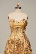 Coralyth | Gold - Strapless A Line Sequined Lace Formal Prom Dresses With Slit - KissProm
