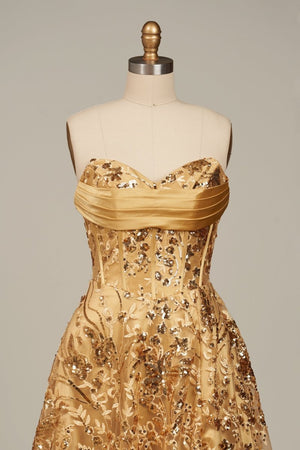 Coralyth | Gold - Strapless A Line Sequined Lace Formal Prom Dresses With Slit - KissProm