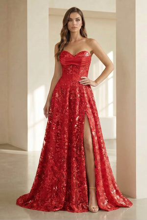 Gold Sweetheart A Line Sequined Lace Formal Prom Dresses With Slit - KissProm