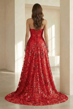 Gold Sweetheart A Line Sequined Lace Formal Prom Dresses With Slit - KissProm