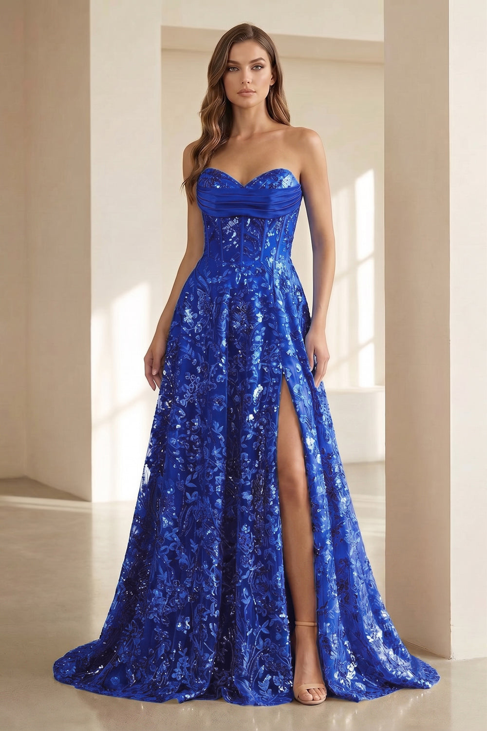 Royal Blue Sweetheart A Line Sequined Lace Formal Prom Dresses With Slit - KissProm