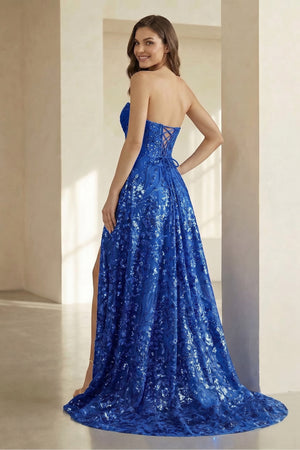 Gold Sweetheart A Line Sequined Lace Formal Prom Dresses With Slit - KissProm