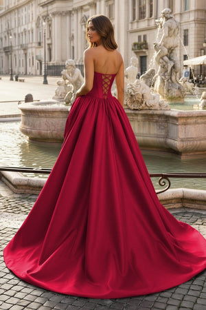 Burgundy- Scoop Neck A Line Satin Long Prom Dress With Floral - KissProm