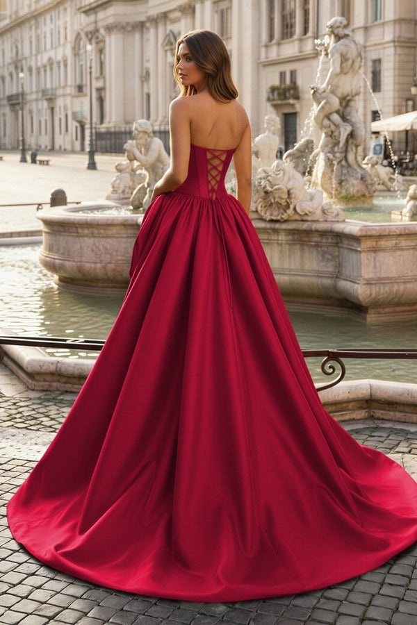 Burgundy- Scoop Neck A Line Satin Long Prom Dress With Floral - KissProm