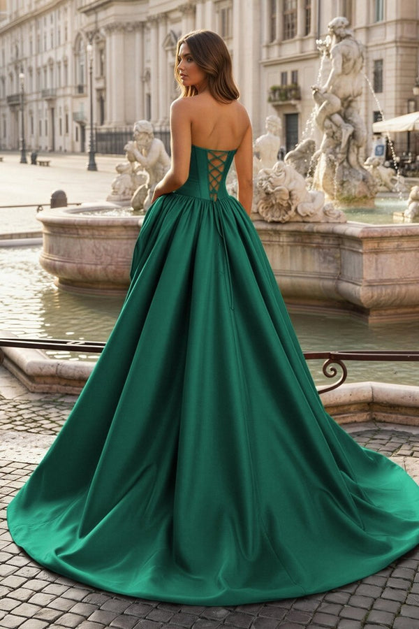Emerald- Scoop Neck A Line Satin Long Prom Dress With Floral - KissProm