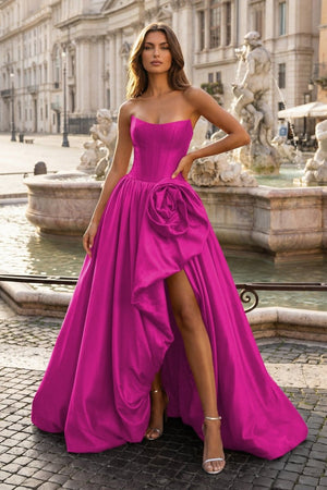Fuchsia- Scoop Neck A Line Satin Long Prom Dress With Floral - KissProm