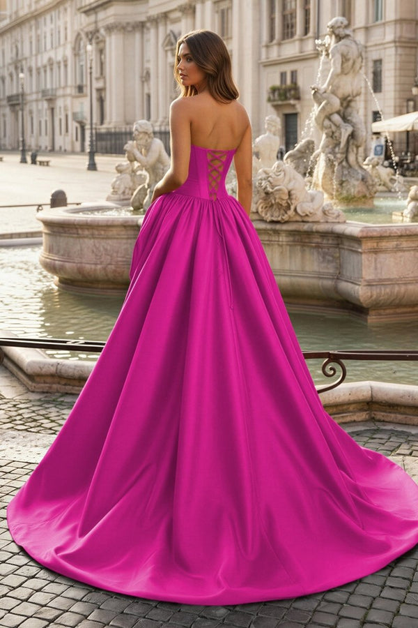 Fuchsia- Scoop Neck A Line Satin Long Prom Dress With Floral - KissProm
