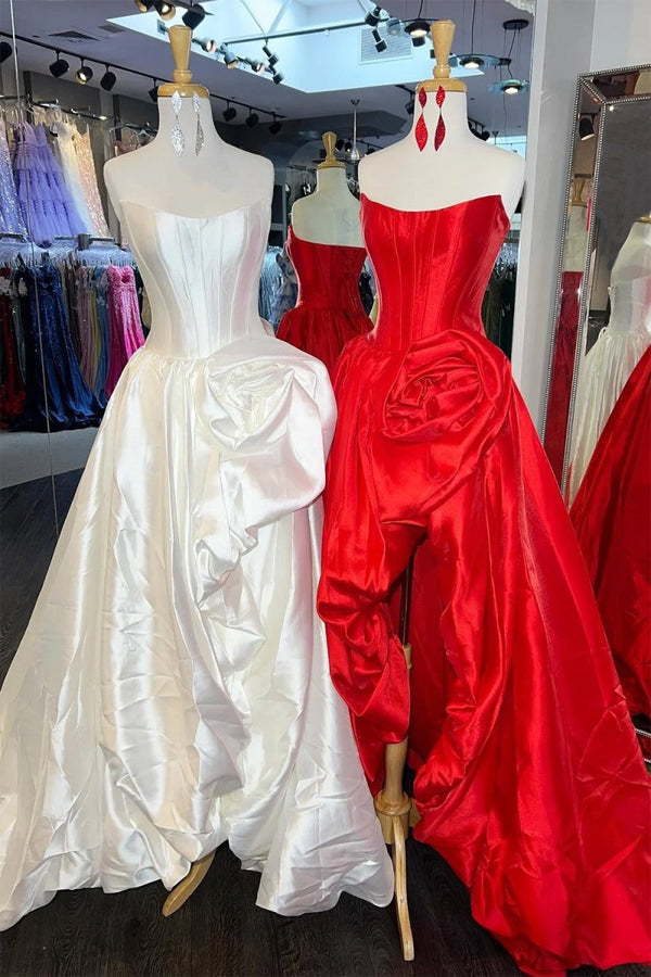 Corlina | Ivory - Scoop Neck A Line Satin Long Prom Dress With Floral - KissProm