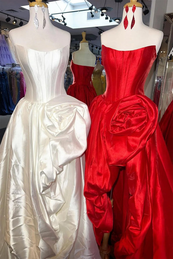 Corlina | Ivory - Scoop Neck A Line Satin Long Prom Dress With Floral - KissProm