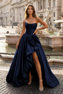 Navy Blue- Scoop Neck A Line Satin Long Prom Dress With Floral - KissProm