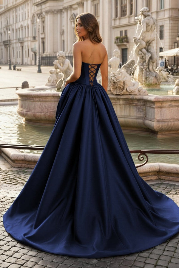 Navy Blue- Scoop Neck A Line Satin Long Prom Dress With Floral - KissProm