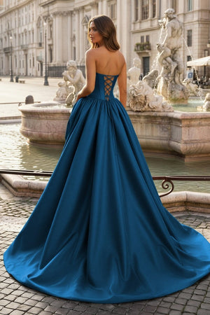 Peacock- Scoop Neck A Line Satin Long Prom Dress With Floral - KissProm