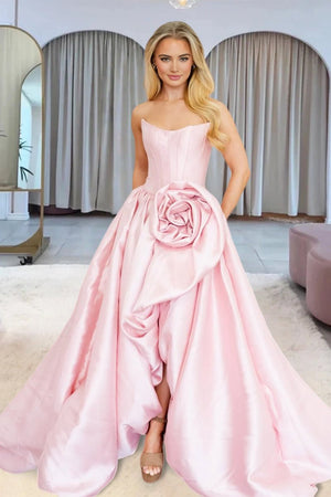 Corlina | Pink - Scoop Neck A Line Satin Long Prom Dress With Floral - KissProm