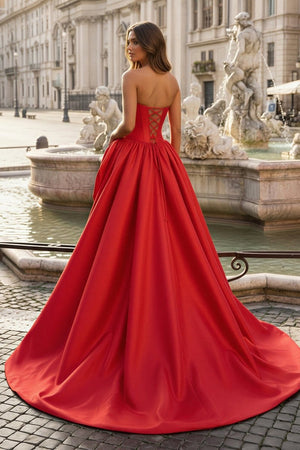 Red - Scoop Neck A Line Satin Long Prom Dress With Floral - KissProm