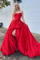 Corlina | Red - Scoop Neck A Line Satin Long Prom Dress With Floral - KissProm