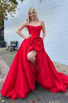 Corlina | Red - Scoop Neck A Line Satin Long Prom Dress With Floral - KissProm