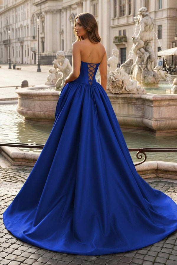 Royal Blue - Scoop Neck A Line Satin Long Prom Dress With Floral - KissProm
