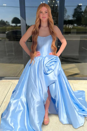 Corlina | Sky Blue - Scoop Neck A Line Satin Long Prom Dress With Floral - KissProm