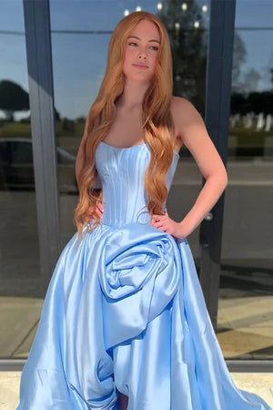 Corlina | Sky Blue - Scoop Neck A Line Satin Long Prom Dress With Floral - KissProm