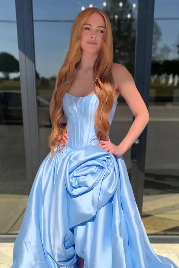Corlina | Sky Blue - Scoop Neck A Line Satin Long Prom Dress With Floral - KissProm