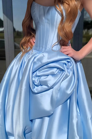 Corlina | Sky Blue - Scoop Neck A Line Satin Long Prom Dress With Floral - KissProm