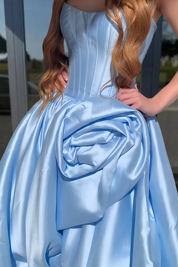 Corlina | Sky Blue - Scoop Neck A Line Satin Long Prom Dress With Floral - KissProm