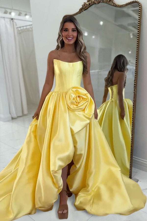 Corlina | Yellow - Scoop Neck A Line Satin Long Prom Dress With Floral - KissProm