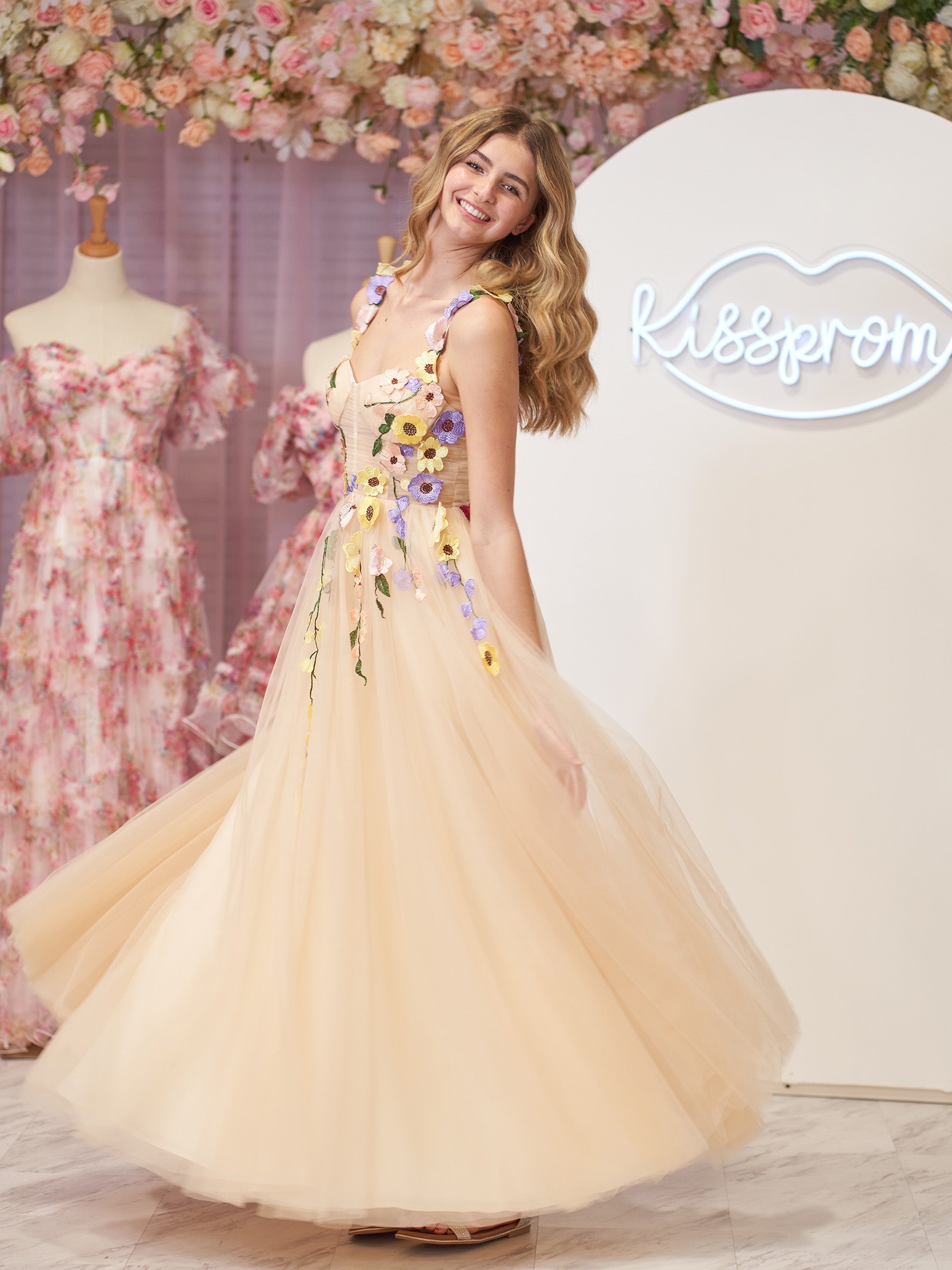 A-Line Corset Midi Prom Dress with 3D Flowers, Champagne / 2 A-Line Corset Midi Prom Dress with 3D Flowers, Champagne / 2