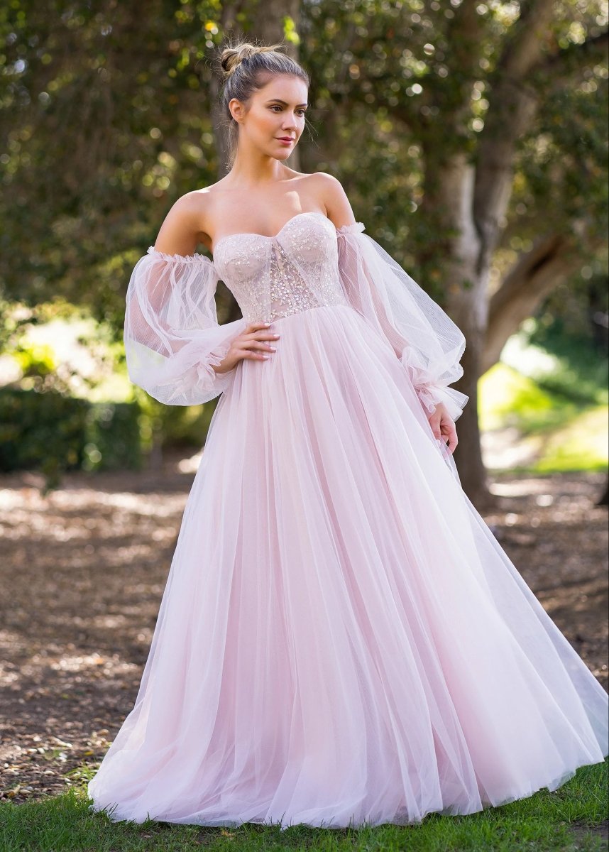 open lace back dress Blush-ombre-colored-tulle-ball-gown-wedding-dress -with-detachable-cathedral-train-by-Lauren-Elaine.jpg?v=1757652313&width=2048 main image 1