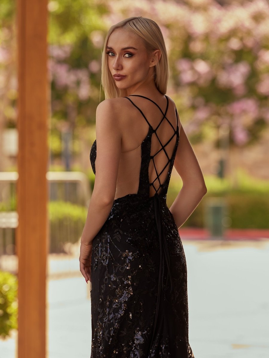 Cosmic | Black Lace Applique High Slit Criss Cross Back Mermaid Prom Dress