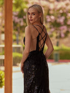 Cosmic | Black Lace Applique High Slit Criss Cross Back Mermaid Prom Dress