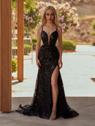 Cosmic | Black Lace Applique High Slit Criss Cross Back Mermaid Prom Dress