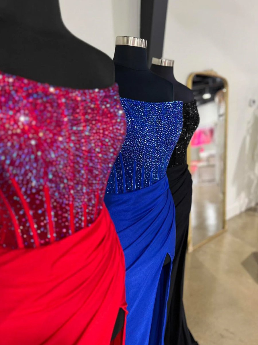 Red Strapless Mermaid Satin Long Prom Dresses with Beading, Red / 14