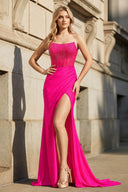 Fuchsia Strapless Mermaid Satin Long Prom Dresses with Beading - KissProm