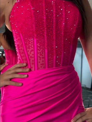 Cosmo | Mermaid Scoop Neck Fuchsia Satin Long Prom Dresses