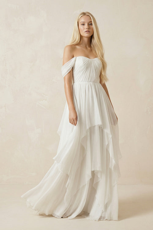Lyanna | A-Line Sweetheart Off-the-shoulder Chiffon Floor Length Wedding Dress – Wedding Dresses by KissProm | Available at KissProm