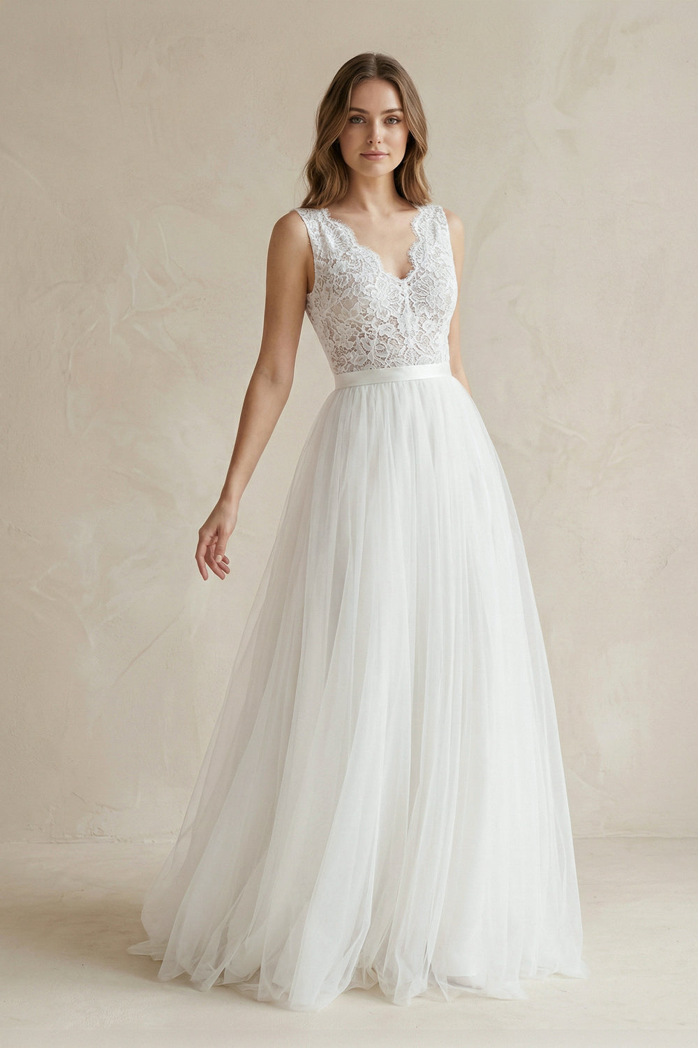 Rustic Boho Elegant A Line Tulle Lace V-neck Open Back Floor Length Sleeveless Wedding Dress, Diamond White / 8